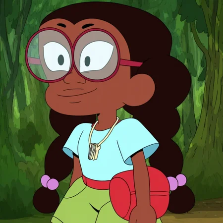 in a forest, expressive eyes, red fanny pack, light blue shirt, 1girl, brown skin, Kit_Cotc, Green shorts with large pockets, White socks, light blue shoes, dark brown hair, glasses, full body, smile, hair braided pigtails, black eyes, standing, neck keychain, black eyebrows, Score_9