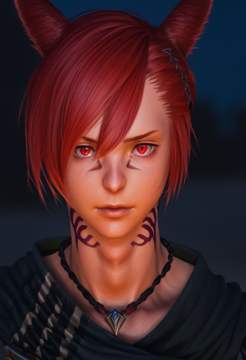 grahatiaffxivdsk, 1boy, male focus, solo, animal ears, red eyes, red hair, tattoo, miqo'te, neck tattoo, cat ears, looking at viewer, hair between eyes, facial mark, hair ornament, x hair ornament, bangs, holding, glowing, slit pupils, braid, short hair, portrait, jewelry, short ponytail, cinematic angle, cinematic lighting, best anatomy, official art, masterpiece, best quality
