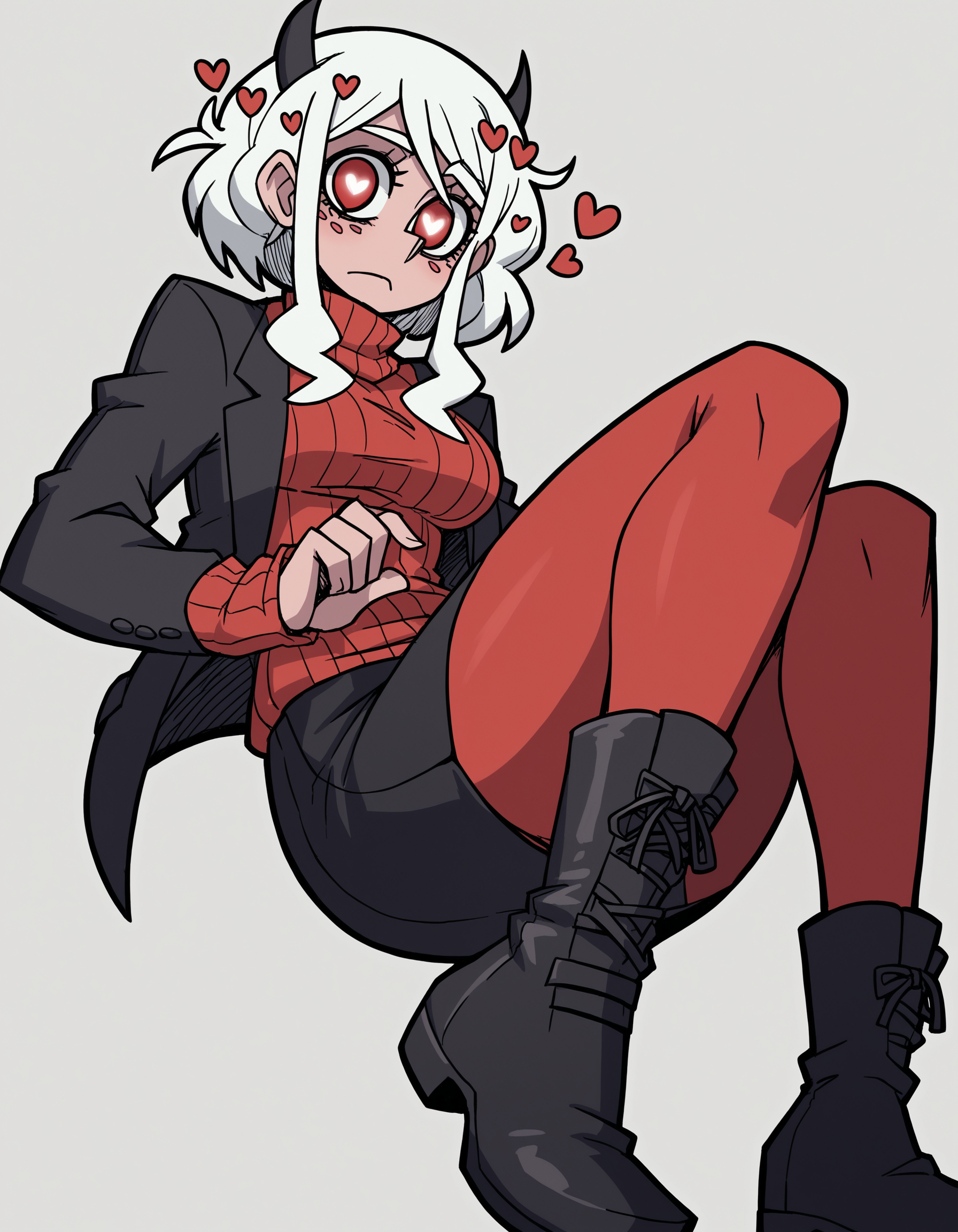 zPDXL, score_9, score_8_up, score_7_up, source_anime, 8k, absurdres, 
1girl, solo,  <lora:Vanitaker:0.8> vanitaker, modeus \(helltaker\), red leggings, black jacket, black skirt, pencil skirt, black boots, red sweater, turtleneck, sweater under jacket, white hair, red eyes, heart eyes,