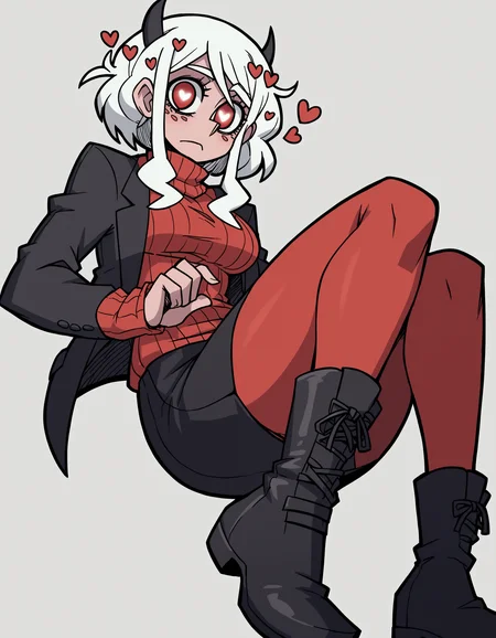 zPDXL, score_9, score_8_up, score_7_up, source_anime, 8k, absurdres,
1girl, solo, <lora:Vanitaker:0.8> vanitaker, modeus \(helltaker\), red leggings, black jacket, black skirt, pencil skirt, black boots, red sweater, turtleneck, sweater under jacket, white hair, red eyes, heart eyes,