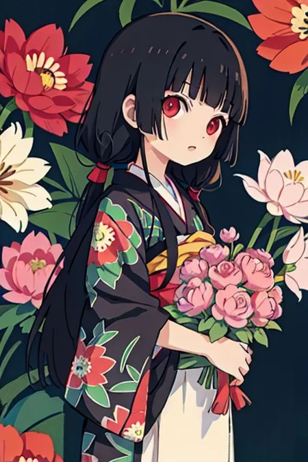 enma ai, hair down, hair black, bangs, eyes red, masterpiece, best quality, ultra-detailed, illustration, 1girl, solo, highres, photorealistic, ultra high res, (Original illustration composition), (fusion of limited color,Maximalism artstyle, kimono obi fashion, double exposure, background, illustration, Amazing, lily spider, night darkness, open one's mouth, finger, bouquet flowers red, low twintails, (polychromatic peony:1.15), Movie poster,