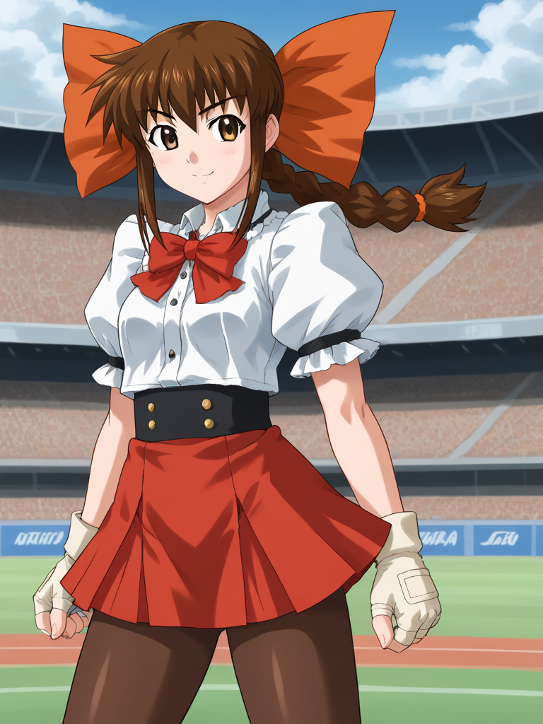 1girl, solo, tamaovgrebirth, tamaoog, brown hair, braided ponytail, orange bow, hair bow, brown eyes, waitress, red bowtie, puffy short sleeve, fingerless gloves, red skirt, brown pantyhose, outdoors, arena, stadium, serious, smile, standing, cowboy shot