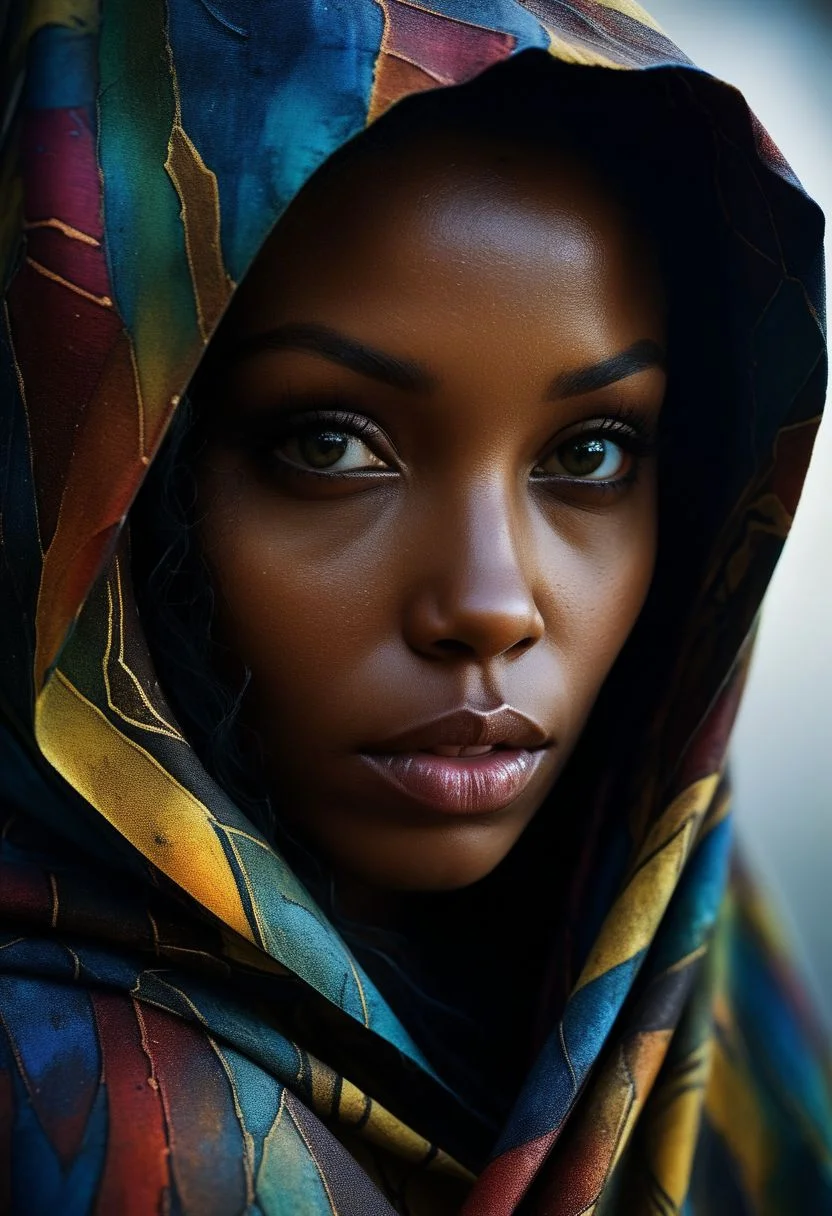 Close-up face, mysterious silhouette of an exotic coloured woman in worn down cape, goddess, alluring, by Minjae Lee, Carne Griffiths, Emily Kell, Steve McCurry, Geoffroy Thoorens, Aaron Horkey, Jordan Grimmer, Greg Rutkowski, amazing depth, double exposure, surreal, geometric patterns, intricately detailed, bokeh, perfect balanced, deep fine borders, artistic photorealism , smooth, great masterwork by Suiras <lora:add-detail-xl:2> <lora:Double_Exposure:0.5>