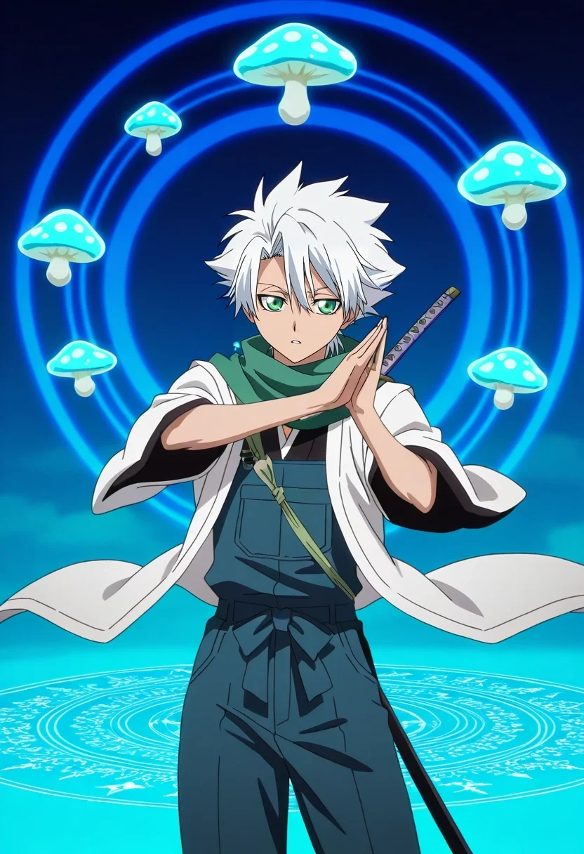 masterpiece, best quality, intricate details, anime screencap, anime coloring, , , , 1boy, solo, male focus, <lora:toushirou_hitsugaya_ilxl:0.96>, toushirou_hitsugaya, white hair, green eyes, hair between eyes, scarf, , short hair, japanese clothes, haori. sword, ice, bankai, fairy ring, glowing mushrooms, dancing lights, flower circle, dancing pose, joyful expression, twilight, overalls,