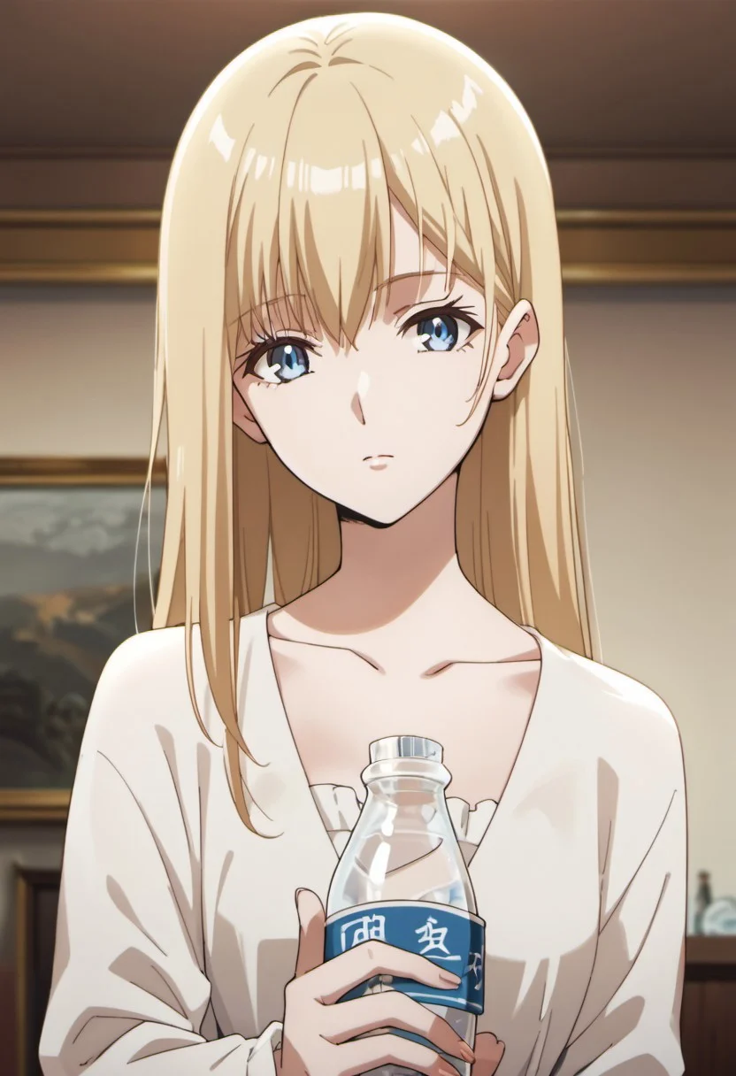 score_9, score_8_up, score_7_up, source_anime,roxy hart, blonde hair, long hair, blue eyes, 1girl, solo, holding, collarbone, bottle, anime coloring, looking at viewer, indoors