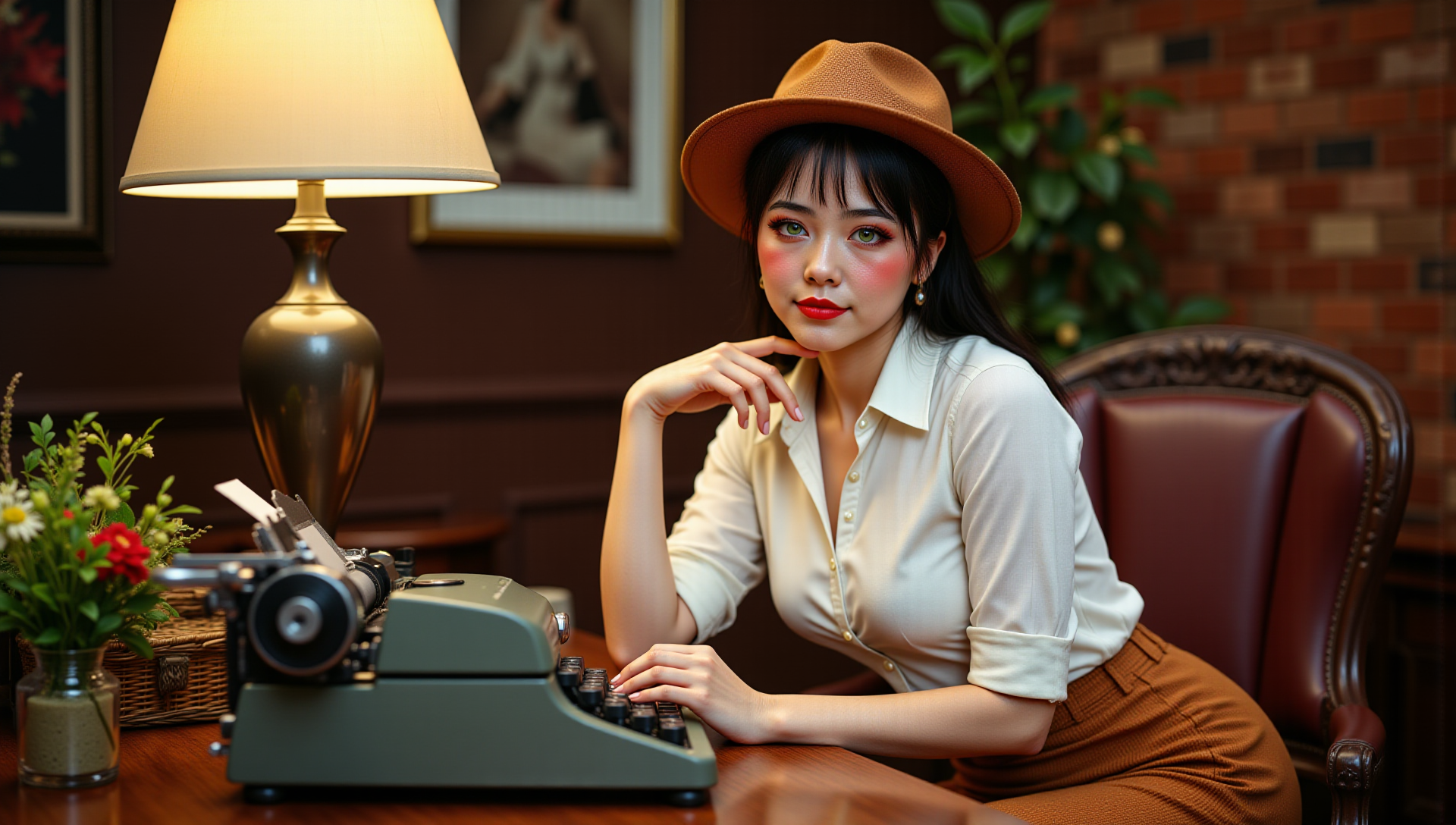 modeling poses,Hyperrealistic, She is approximately 18 years old, she is smiling, dynamic angles, multiple angles,She is looking at the camera, photoshoot poses; A photo of Choon-hee_Camybody4K features a woman with bright green eyes. She is wearing a red lipstick, huge breasts, she is wearing a white white shirt and brown pants, she is posing for the camera.  a woman with huge breasts, she is sitting at a desk with an old fashioned typerwriter, the office is decorated in a 1950s detective noir style, The woman is wearing brown fedora.  The scene is set in a cozy and inviting atmosphere, with the woman being the main focus of the image. she has the perfect milf body, thin waist, wide hips, golden triangle, she is posing for the camera with a smile on her face. Style: realistic hyper-detailed rendering, 32k UHD, expressive eyes, punk, graphic design, girl's face, pretty and cute, gleaming lips, telling a tale of adventure. Exuding confidence and serenity. The overall mood of the image is happy and relaxed,detailed skin texture,(blush:0.2),(goosebumps:0.3),subsurface scattering,with a playful and whimsical tone, aidmafluxpro1.1, perfect hand, detailed hand, looking at camera, looking at viewer, looking at camera, she is looking at the camera,retro50s_style, 