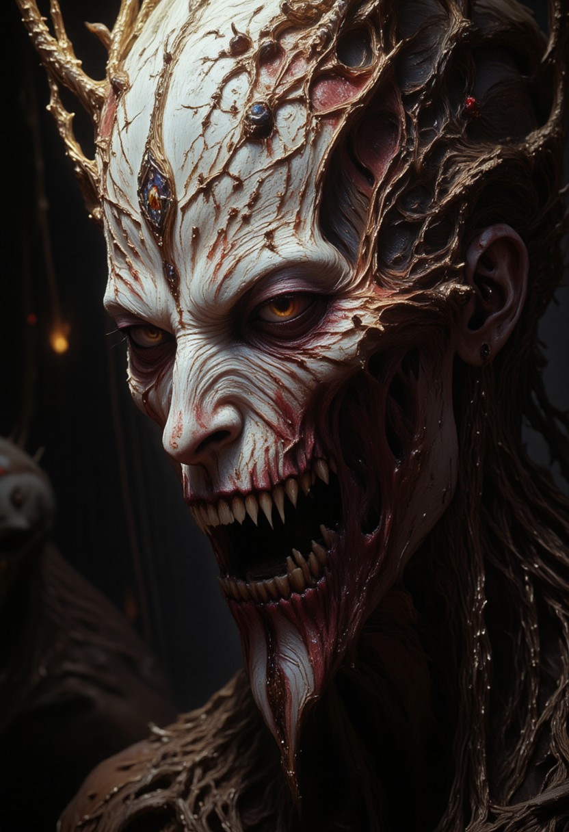 the Mokosh is an ancient drow and mythical female creature. She has long, sharp fangs for teeth and many spikes protruding from its head as it stares at the viewer with old soulless eyes, Her skin is white, engraved stone where every grove tells a story. It is snarling menacingly at the viewer, demanding respect and loyalty. Extreme closeup head portrait, hyperdetailed, 8k resolution concept art, WLOP, Moebius, H.R. Giger, Royo, muddy, dark colors, minimal lighting, hyperrealism, digital illustration, intricate,( vapor:0.9), dorian cleavenger, brom, hyperrealism, digital illustration, horror, dark environment, (&:0)t  (photography, high-resolution, dynamic, energetic,hyper-realistic, dramatic lighting, shallow depth of field.)