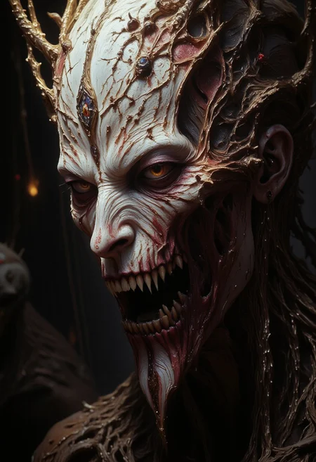 the Mokosh is an ancient drow and mythical female creature. She has long, sharp fangs for teeth and many spikes protruding from its head as it stares at the viewer with old soulless eyes, Her skin is white, engraved stone where every grove tells a story. It is snarling menacingly at the viewer, demanding respect and loyalty. Extreme closeup head portrait, hyperdetailed, 8k resolution concept art, WLOP, Moebius, H.R. Giger, Royo, muddy, dark colors, minimal lighting, hyperrealism, digital illustration, intricate,( vapor:0.9), dorian cleavenger, brom, hyperrealism, digital illustration, horror, dark environment, (&:0)t (photography, high-resolution, dynamic, energetic,hyper-realistic, dramatic lighting, shallow depth of field.)