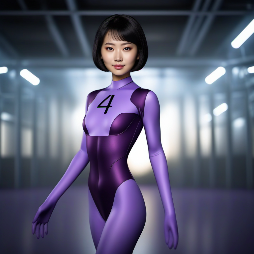 cinematic photo DupliKate1024, a full body  asian woman wears a purple bodysuit, (((text ''4''))) of the chest  <lora:DupliKate1024:0.9> . 35mm photograph, film, bokeh, professional, 4k, highly detailed