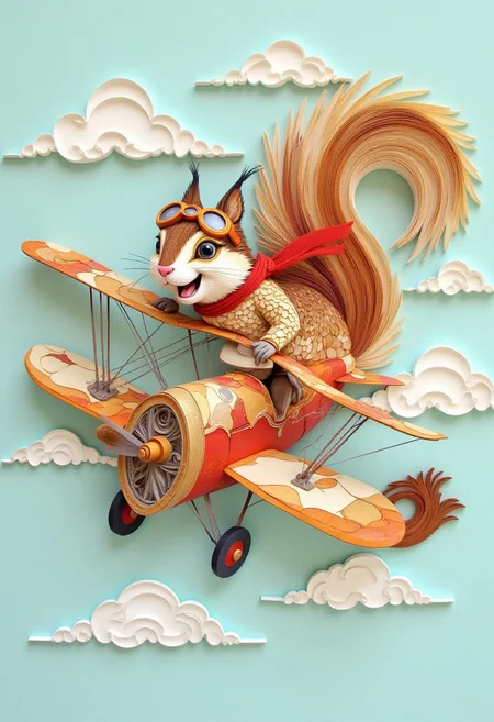 paper quilling, layered paper, artwork of a squirrel flying a vintage airplane through a cloudy sky, with goggles and a scarf, capturing the adventurous and playful spirit of flight.