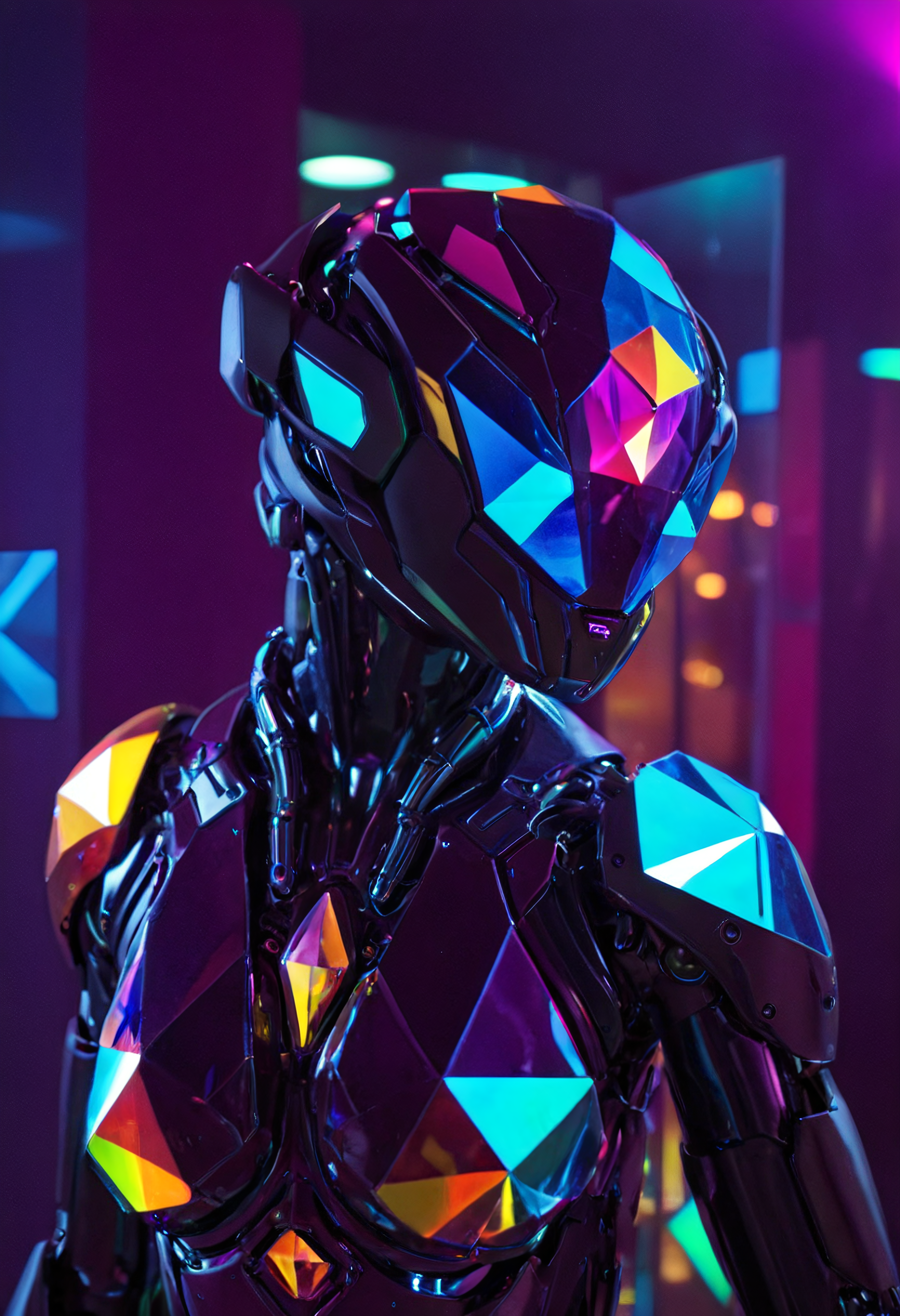 (refracting prism lights:1.4), cinematic film still concept art by Kunio Okawara and Eddie Del Rio, (extremely intricated detailed wiring and cybernetics, lenses, intricately detailed robotic head, neon color kaleidoglass cyborg, in a cyberpunk nightclub, neon lights, lasers:1.2), anime key visual, (breathtaking slim armored cybernetic kaleidoglass robot, glowing neon color trim, cyberpunk kaleidoglass helmet, futuristic, exosuit, tactical, advanced gear, hero pose, highly detailed, futuristic, intricate, elegant:1.2) , Costume designer, Trendy hair, Fitbit, at Blue hour, Happy, Ambient lighting, grace, intricate details, manga, Slim Armored Cybernetic kaleidoglass Robot in Motion in a Futuristic Cityscape at Dusk. . digital artwork, illustrative, painterly, matte painting, highly detailed . shallow depth of field, vignette, highly detailed, high budget, bokeh, cinemascope, moody, epic, gorgeous, film grain, grainy, 
(kaleidoglass, refracted light, chromatic glow, radiant color study, prismatic glass, angular reflection, iridescent, geometric symmetry, vibrant color, abstract pattern, macro, faceted bloom, polygonal light, abstract gem matrix, layered prism surface, chromatic depth, triangular grid, neon crystal texture, shard mesh, holographic facets, jewel tone scatter:1.4) <lora:kaleidoglass:1.0000000000000002> <lora:neoncolors2_lora_f16:0.8000000000000002> <lora:CyborgMechExosuit_v1.5:1.0000000000000002>