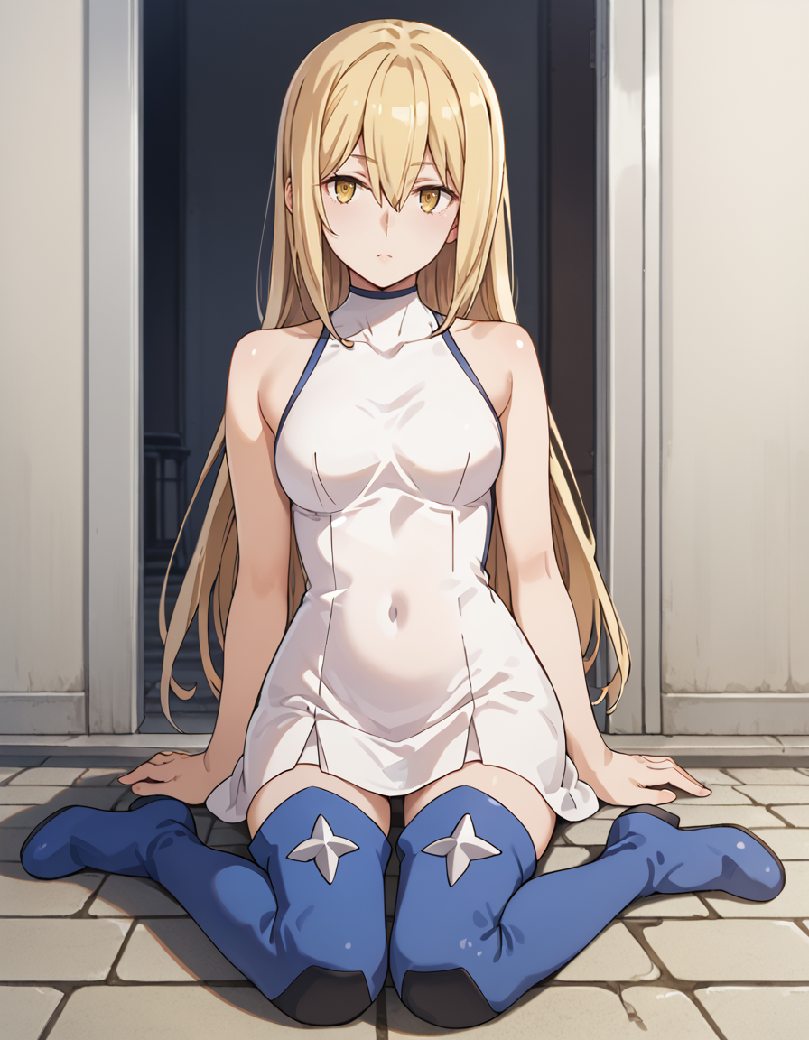 score_9, score_8_up, score_7_up, source_anime, BREAK
1girl, looking at viewer, full body, 
ais wallenstein, long hair, blonde hair, hair between eyes, yellow eyes,
battle outfit, white dress, sleeveless, bare shoulders, covered navel, thighhigh boots,
<lora:ais_wallenstein_anime-soralz:1>
