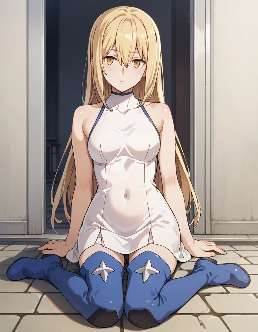 score_9, score_8_up, score_7_up, source_anime, BREAK
1girl, looking at viewer, full body, 
ais wallenstein, long hair, blonde hair, hair between eyes, yellow eyes,
battle outfit, white dress, sleeveless, bare shoulders, covered navel, thighhigh boots,
<lora:ais_wallenstein_anime-soralz:1>