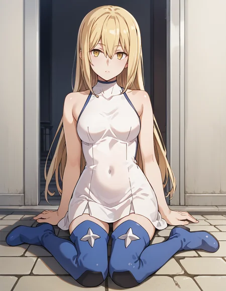 score_9, score_8_up, score_7_up, source_anime, BREAK
1girl, looking at viewer, full body, 
ais wallenstein, long hair, blonde hair, hair between eyes, yellow eyes,
battle outfit, white dress, sleeveless, bare shoulders, covered navel, thighhigh boots,
<lora:ais_wallenstein_anime-soralz:1>