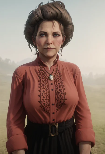 score_9, score_8_up, score_7_up, score_6_up, score_5_up, score_4_up, 1girl, <lora:SusanGrimshaw:0.9> solo, mature woman, blue eyes, brown hair, large breasts, shirt, red shirt, skirt, long skirt, long sleeves, black skirt, necklace, upper body, looking at viewer, arms on sides,
light blue background, simple background, 3d, render,
