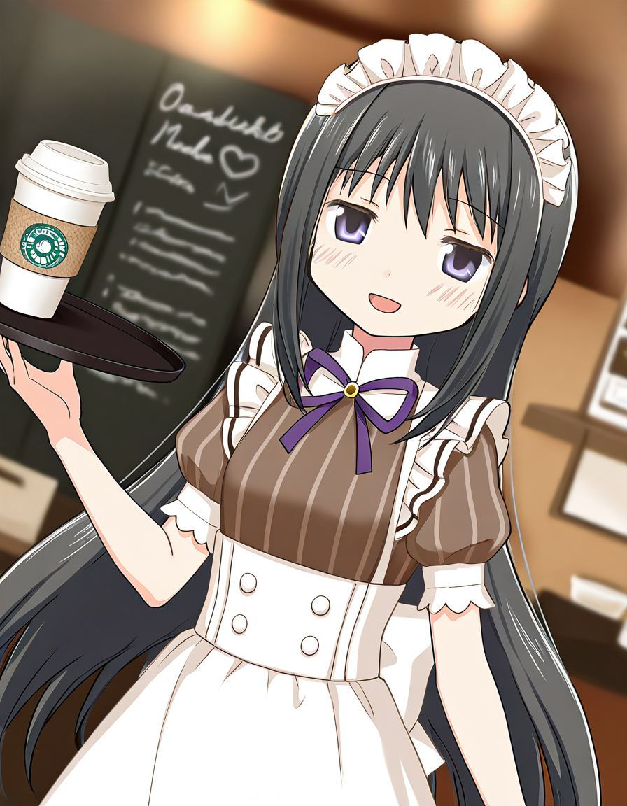 masterpiece, best quality, newest, absurdres, highres, safe, 1girl, akemi homura \(maid costume\), magia record: mahou shoujo madoka magica gaiden, smile, open mouth, solo, tray, coffee shop, dutch angle, <lora:20241226152250_akemi_homura_noobaiXLNAIXL_vPred10Version:0.7>