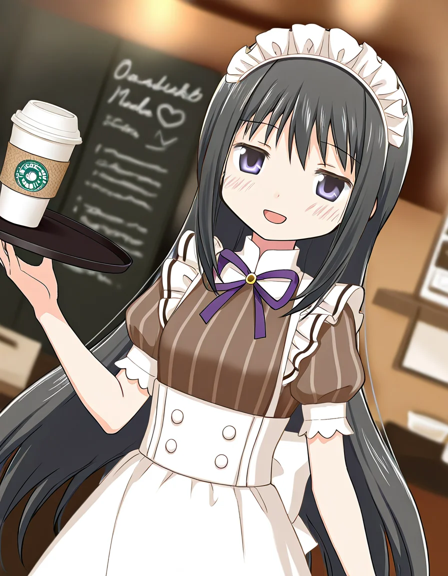 masterpiece, best quality, newest, absurdres, highres, safe, 1girl, akemi homura \(maid costume\), magia record: mahou shoujo madoka magica gaiden, smile, open mouth, solo, tray, coffee shop, dutch angle, <lora:20241226152250_akemi_homura_noobaiXLNAIXL_vPred10Version:0.7>