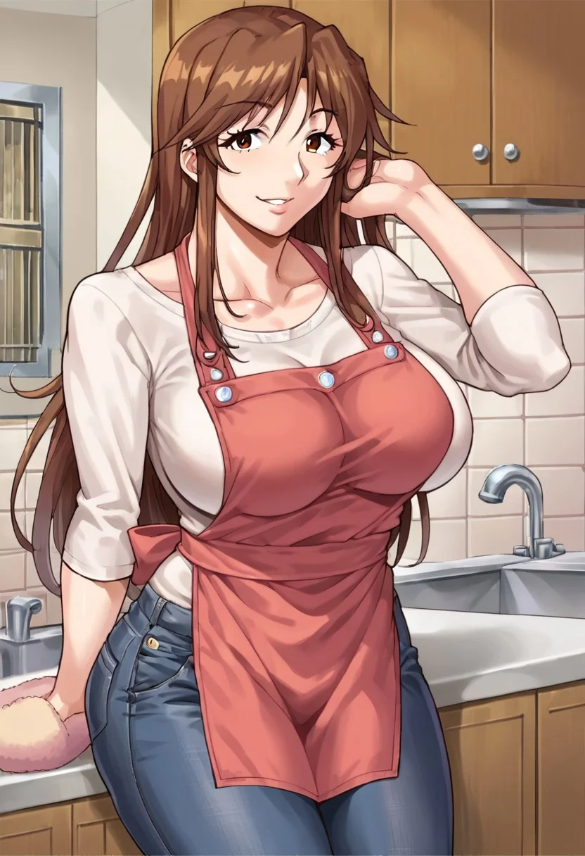 score_9,score_8_up,score_7_up,source_anime,anime_style,1girl, solo, brown hair, long hair, brown eyes, large breasts, collarbone, mature female, denim, jeans, white shirt, apron, slippers,
kitchen,looking at viewer,cowboy shot,dutch angle,smile,