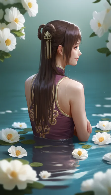score_9,score_8_up,score_7_up,
<lora:diaochan:0.9>,
diaochan,
highres,photorealism,Cinematic Lighting,bloom,
1girl,solo,brown hair,long hair,bangs,
blue eyes,smile,parted lips,
purple cheongsam,
portrait,back view,(on stomach:1.2),
wet,in water,
blurry background,outdoors,flowers in background,(clear water:1.1),light particles,