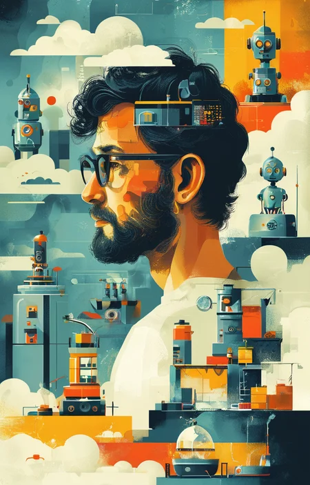masterpiece,best quality,<lora:tbh245-sdxl:0.9>,illustration,style of Infographic portrait of Housework robots