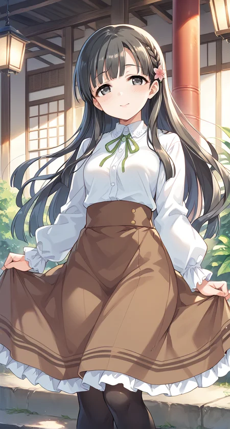 score_9,score_8_up,score_7_up,
official art,official style,game cg,megami magazine,
uncensored,
1girl,
kbykwse aikurushii,kobayakawa sae,bangs,dress,chestnut brown skirt,brown skirt,long skirt,
eyebrows visible through hair,
flower,grey eyes,black hair,hair flower,hair ornament,long hair,
blush,highres,black thighhighs,braid,
<lora:idolmaster_kobayakawa_sae_pony_v1:1>,