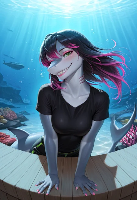 masterpiece, best quality, amazing quality, very aesthetic, high resolution, ultra-detailed, absurdres, newest, scenery, furry, anthro Shark, blushed, blush, blushing, detailed background, detailed hair, depth of field, slick glossy skin, photorealistic details, photorealistic , volumetric lighting, grin, sharp teeth, black hair, pink highlights, green highlights, smooth hair, silky hair, straight hair, thick eyelashes, pink eyeshadow, green eyes, fins, pink lips, Detailed face, detailed eyes, petite body, petite, suggestive smile, gills on neck, shiny hair, glossy hair, shark tail, fingernails, pink nail polish, medium breasts, shark ears, looking at viewer, cinematic lighting, dynamic lighting, t-shirt, miniskirt, sitting behind table, hands on table, date, on date, dating, sitting, sit, ((underwater, air bubbles, air bubble, floating hair, underwater cafe, underwater effect, water refraction, light ripples, water light ripples, underwater light patterns, dappled light, underwater light, completely submerged, submerfed cafe)), round cafe table, deep underwater, (ocean floor, underwater, deep sea, ocean depths, marine life, submarine landscape, coral reef, sea bed, abyss, underwater world, deep ocean, ocean trench, subaquatic, undersea, underwater scenery, sea floor, aquatic ecosystem), sit, sitting, sits behind table, detailed lips, detailed face, ((head tilt, tilting head, head tilted, tilted head))