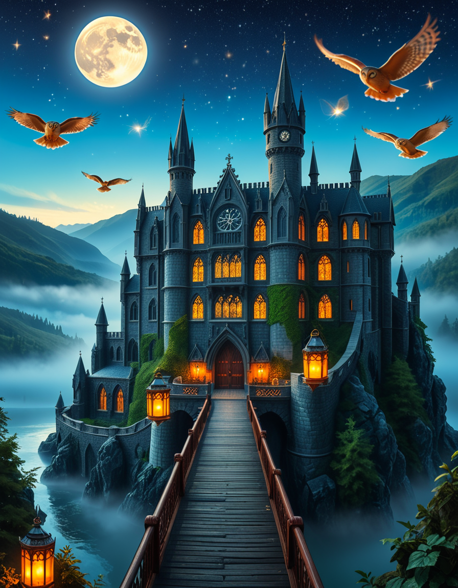 A majestic, ancient castle perched on a rocky hill, serving as a prestigious school for young wizards. The castle is a grand structure with towering spires, intricate gothic architecture, and large stained-glass windows that glow with magical energy. The stone walls are covered in ivy, and enchanted lanterns float around the entrance, casting a soft, mystical glow. A massive wooden bridge leads to the main gate, suspended over a misty, enchanted lake that reflects the moonlight. In the background, rolling green hills and dense, fog-covered forests surround the school, adding an air of mystery. The sky is a deep twilight blue, with stars twinkling and a full moon shining brightly. Some windows in the castle emit warm, golden light, hinting at classrooms filled with spellbooks and students practicing magic. A few owls are seen soaring above, delivering messages. The atmosphere is magical, mysterious, and full of wonder, as if the castle itself is alive with enchantments.
<lora:SDXLFaeTastic2400:0.4> <lora:extremely_detailed:0.4> extremely detailed, <lora:ancient_c4stl3:1>,ancient c4stl3, Masterpiece,best quality,hi res,8k,hi res,8k,award winning,(sharp focus, intricate, highly detailed),