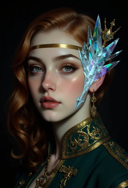 A hyper-realistic close-up portrait of a young woman with smooth, glossy pale skin, her wavy auburn hair falling gracefully over her brow and softly framing her face. She wears a dark emerald medieval Belgian coat, richly detailed with golden filigree that gleams softly in the dim light. Her head tilts slightly downward, casting a dramatic shadow that accentuates the sharp line of her jaw, adding solemn elegance. Two horizontal golden stripes cross her face, one over her nose and the other over her forehead, adding a regal and striking contrast to her features. The left side of her face is enveloped in surreal crystalline ice formations, extending outward in jagged, luminous points. These ethereal structures glow with hues of icy blue, deep violet, and iridescent green, illuminating her features with a spectral light, contrasting vividly against the shadowed background. The fusion of her smooth skin, the golden stripes, and the crystalline structures creates an interplay of hyper-realism and surreal artistry, evoking otherworldly beauty and quiet power. (vintagegirls:1.3)