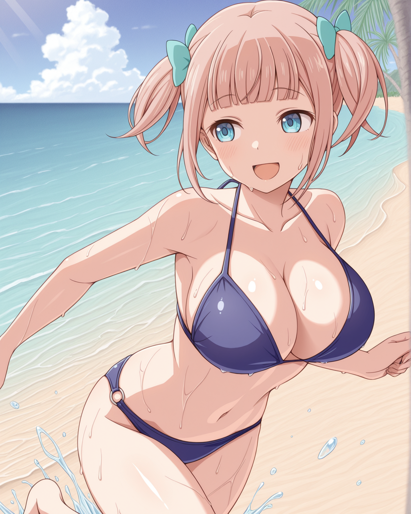 masterpiece, best quality, 1girl, solo, fujiwara_moeha, blue eyes, short hair, pink hair, blunt bangs, twintails, bikini, hair bow, smile, cleavage, large breasts, sweat, <lora:Fujiwara_Moeha_Kaguya-sama_Love_Is_War_Illustrious:1>, wet, beach, outdoors, sea, palm trees, running, looking back, navel, open mouth,