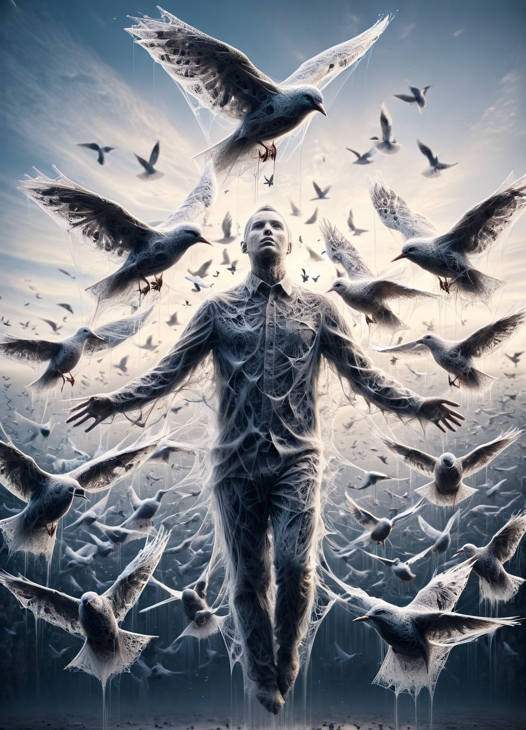 An ais-cbwbs human figure dissolving into a flock of birds taking flight <lora:ais-cbwbs-sdxl:1>
