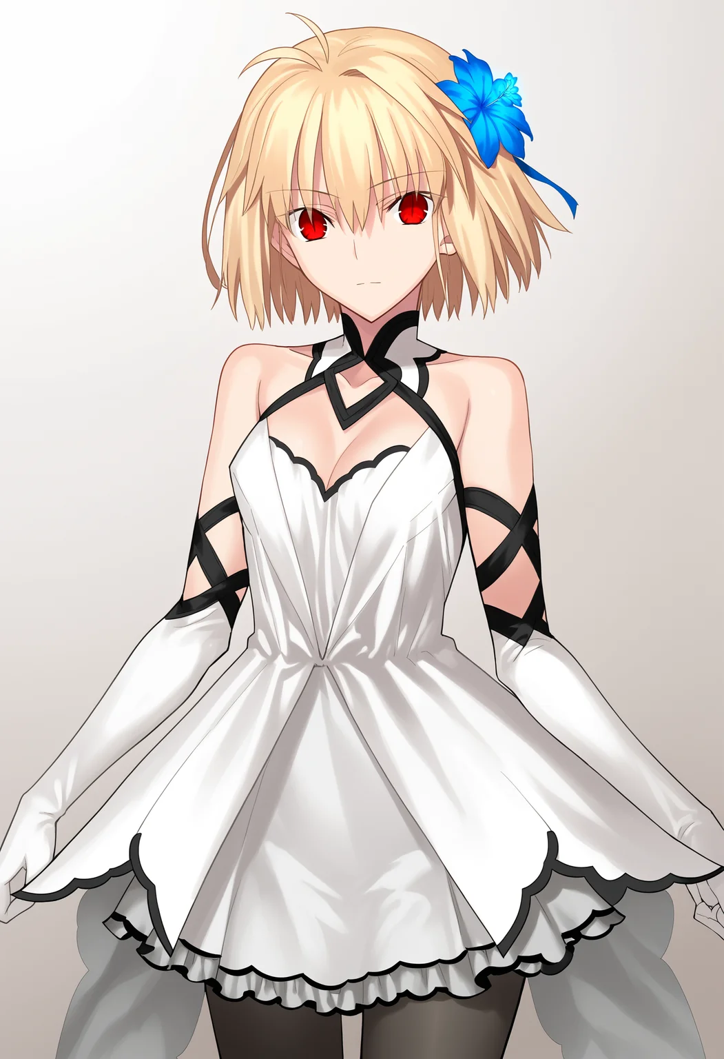 arcspecial, 1girl, solo, red eyes, hair flower, white dress, pantyhose, elbow gloves, looking at viewer