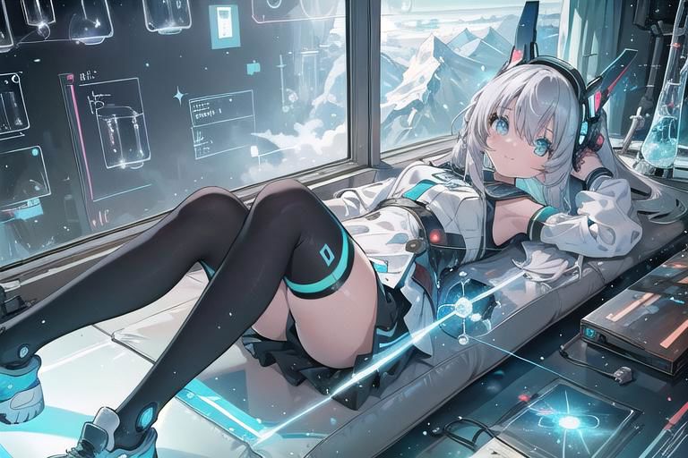 (masterpiece), (science fiction:1.4), 1girl, lying on the back on a mirror, lying on the back on a mirror, lying on the back on a mirror, smile, silver hair, aqua eyes, headgear, long sleeves, detached sleeves, glowing energy clothing, light particles, energy particles, perfect hands, perfect legs
