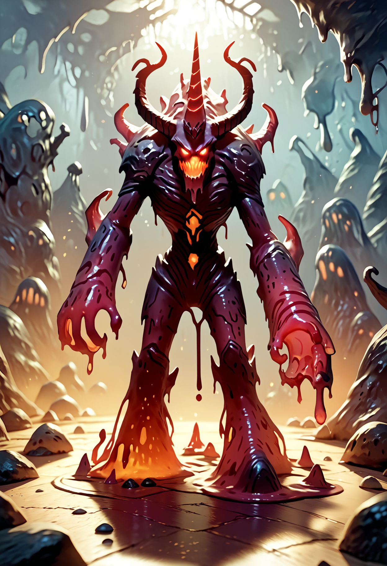 score_9,score_8_up,score_7_up,solo,foreshortening,cinematic_angle,dynamic_angle,full body,monster,no humans,<lora:Slime-morph_pony_v2:0.5>,slime-morph,<lora:Golems:0.8>,gol3em,slime Golem,Glowing Eyes,slime,Rock Golem,grim reaper,(unicorn:1.3),