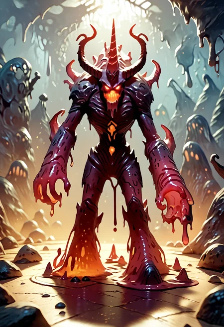 score_9,score_8_up,score_7_up,solo,foreshortening,cinematic_angle,dynamic_angle,full body,monster,no humans,<lora:Slime-morph_pony_v2:0.5>,slime-morph,<lora:Golems:0.8>,gol3em,slime Golem,Glowing Eyes,slime,Rock Golem,grim reaper,(unicorn:1.3),