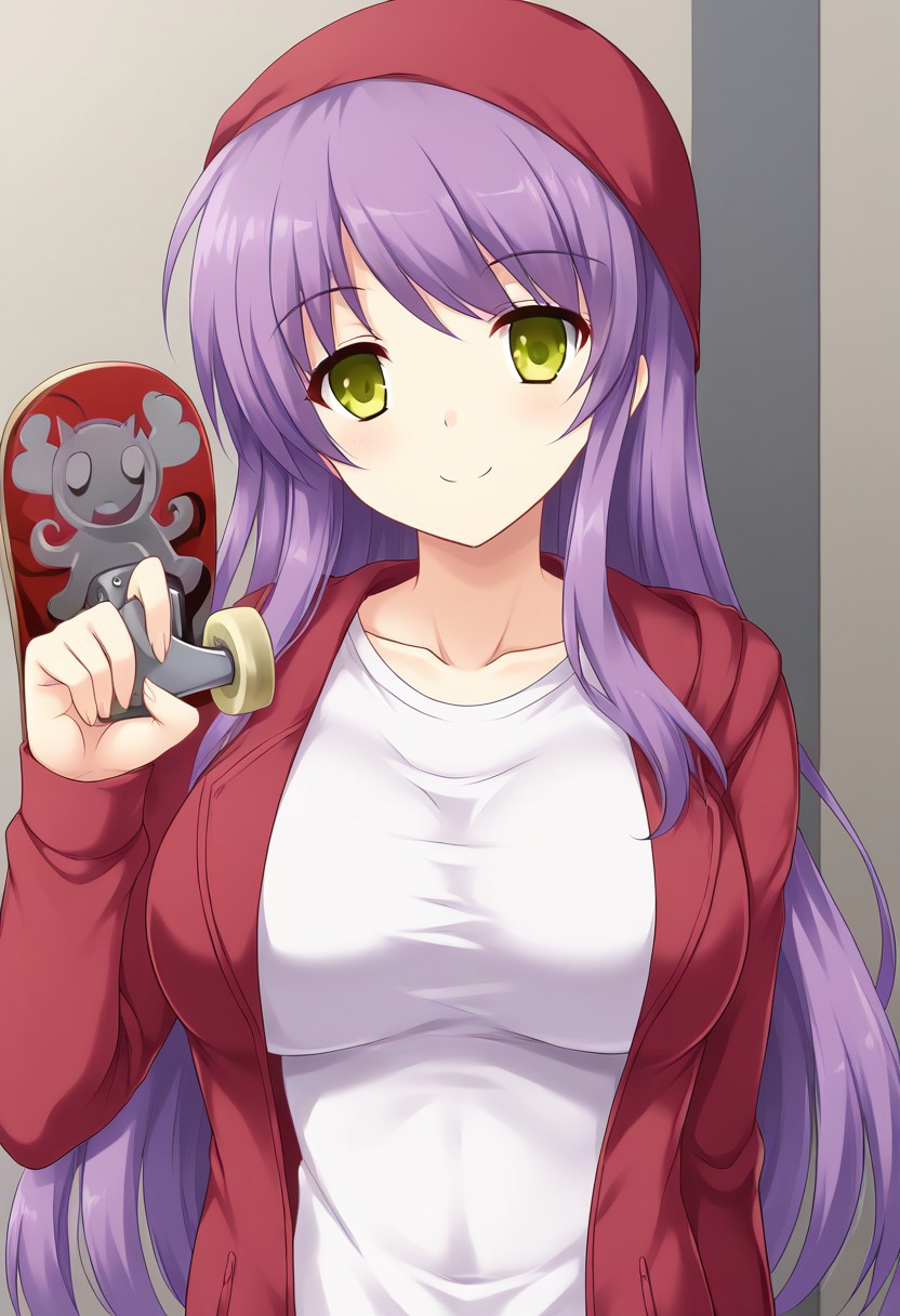 <lora:Kirie_Rikudoupony:0.8>,
1girl, solo, kirierikudou, long hair, purple hair, yellow eyes, green eyes, large breasts, red jacket, red headwear,white shirt, open clothes, hood, indoors, school, standing, smile, holding skateboard, upper body