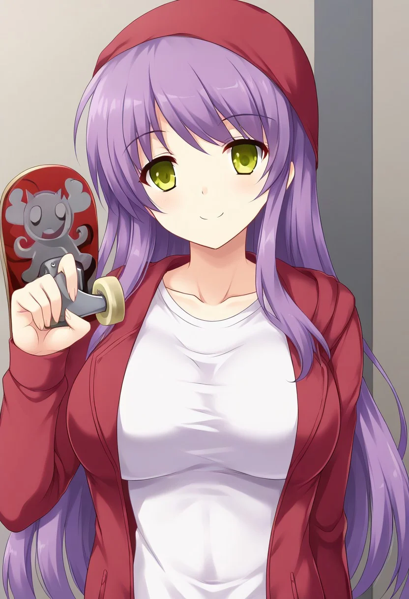 <lora:Kirie_Rikudoupony:0.8>,
1girl, solo, kirierikudou, long hair, purple hair, yellow eyes, green eyes, large breasts, red jacket, red headwear,white shirt, open clothes, hood, indoors, school, standing, smile, holding skateboard, upper body