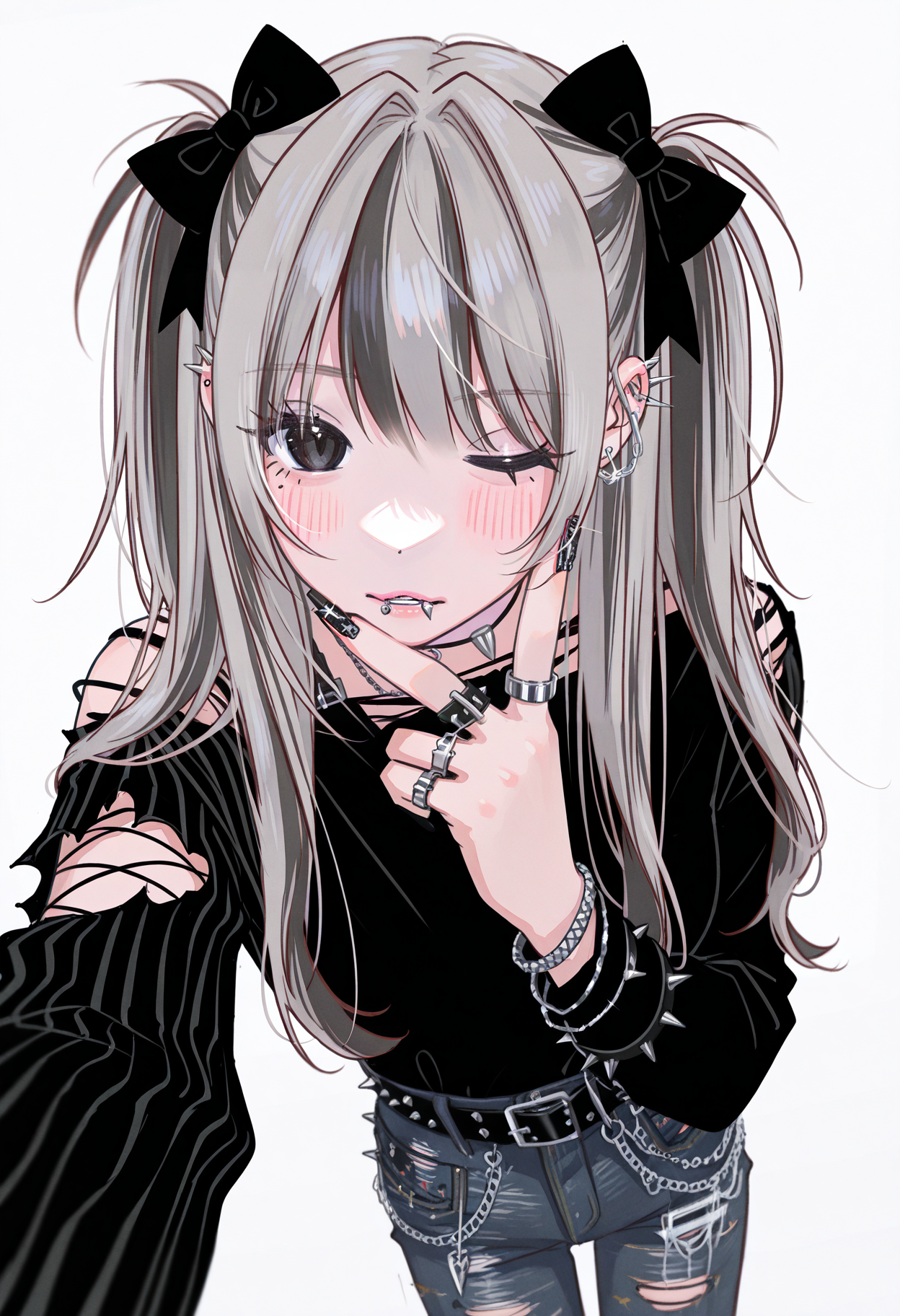 lineart, pencil art,
1girl, solo, black nails, piercing, jewelry, one eye closed, spikes, grey hair, long hair, ear piercing, shirt, blush, white background, torn clothes, looking at viewer, simple background, ring, bow, selfie, two side up, mole, hair bow, black eyes, bangs, belt, long sleeves, pants, lip piercing, denim,
<lora:hamafuguIL-style:1.2>,hamafugustyle,