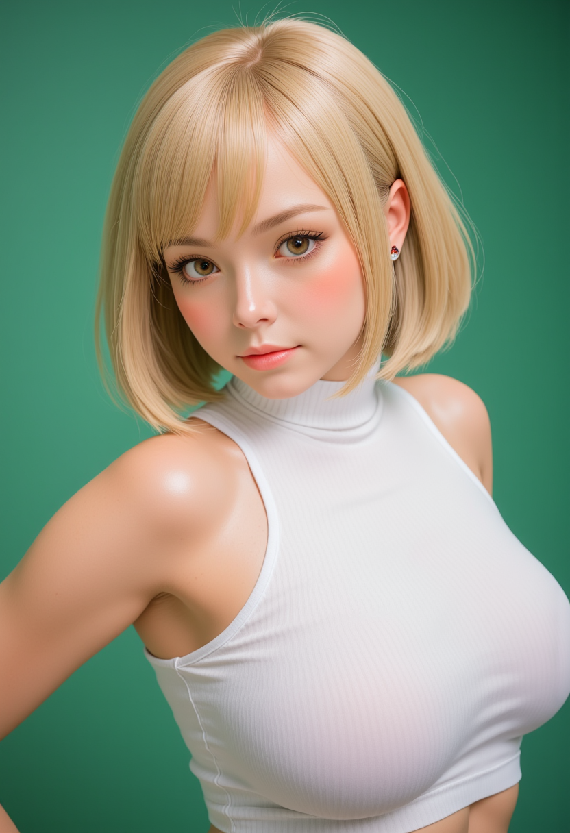 Headshots,a digital painting of a beautiful woman,Hyperrealistic, she is smiling, dynamic angles, multiple angles, photoshoot poses; A photo of Haru, a woman with blonde hair, she has massive breasts, a beautiful girl,she is wearing a white turtleneck sweater.she has massive breasts, she has piercing eyes. a dynamic pose and a sense of action. simple green background, and the lighting is soft, creating a dramatic effect, creating a focused and dynamic pose.; the scene is set in a beautiful well-lit environment, with a sense of action and adventure. Style: realistic hyper-detailed rendering, 32k UHD, expressive eyes, punk, graphic design, girl's face, pretty and cute, gleaming lips, telling a tale of adventure. Exuding confidence and serenity. The overall mood of the image is happy and relaxed, detailed skin texture,(blush:0.2),(goosebumps:0.3), subsurface scattering,with a playful and whimsical tone,perfect hand, hand, detailed hand,niji style,retro50s_style,
