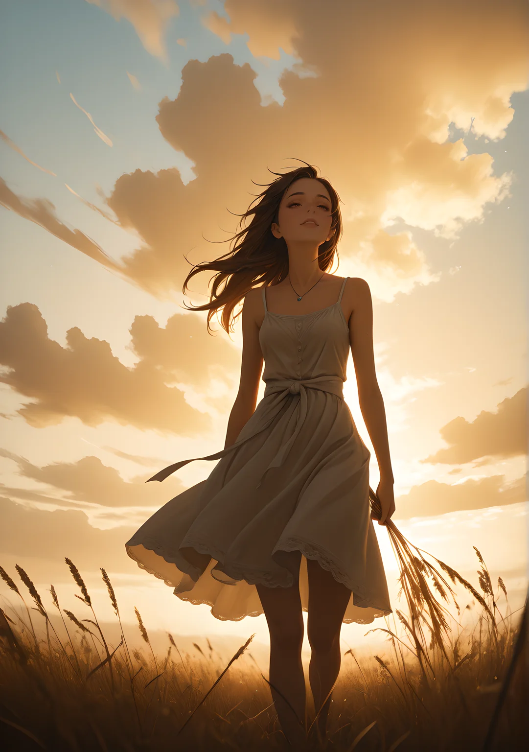masterpiece, absurdres, highres, ultra detailed, soft lighting, golden glow, cinematic depth of field, atmospheric perspective, warm and moody ambiance,
1girl, long flowing hair, brown hair gently swaying in the breeze, soft and delicate features, wistful expression, downcast gaze, glowing skin, freckles, rosy cheeks, serene beauty,
golden wheat field, endless horizon, stalks swaying gently in the wind, warm sunset casting long shadows, soft rays of light breaking through clouds, gentle breeze, scattered wildflowers,
walking pose, slow and graceful stride, hand gently brushing wheat stalks, flowing sundress rippling in the wind, bare feet grazing soft earth, soft posture, slight head tilt,
light and airy sundress, floral patterns, ribbon tied around waist, lace hemline, simple necklace with small pendant, wildflower tucked in hair,
environmental details: glowing wheat stalks swaying, distant birds flying across the sunset, soft rustling of plants, warm light kissing her skin, faint earthy aroma, calm and nostalgic mood.
<lora:FINALE:0.6> <lora:illustrious_noobai_epsilon_pred_1_best_quality_v1:0.4>