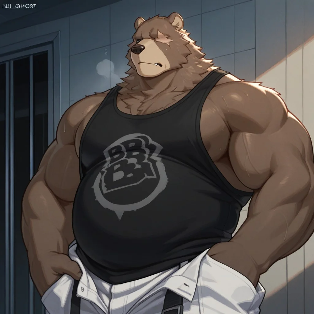 masterpiece, best quality, amazing quality, solo, 1boy, null-ghost, Ben Bigger, bara, white pants, black tank top,