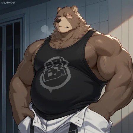 masterpiece, best quality, amazing quality, solo, 1boy, null-ghost, Ben Bigger, bara, white pants, black tank top,