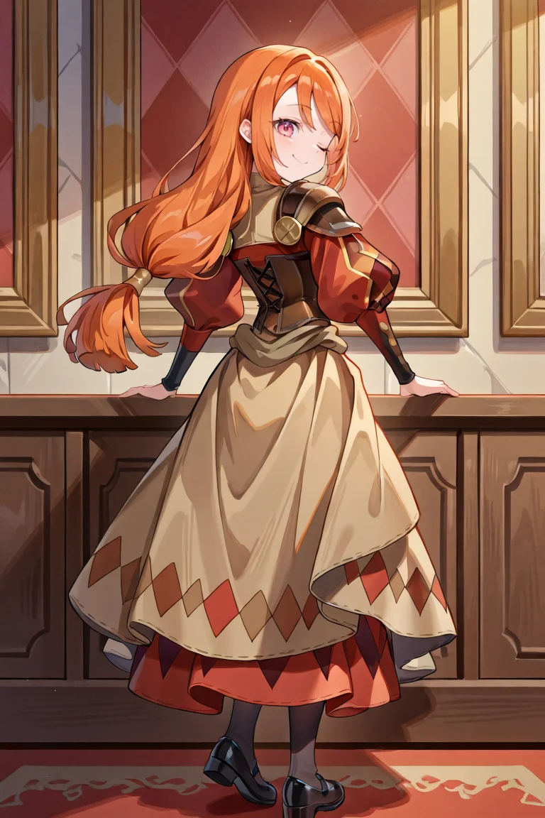 <lora:MonicaIL:0.9> , MoniDef, 1girl, pink eyes, long hair, orange hair, low-tied long hair, juliet sleeves, shoulder pads, patchwork clothes, layered dress, corset, brown corset, long skirt, red skirt, waist cape, beige waist cape, long sleeves, pantyhose, mary janes, black shoes, red juliet sleeves, looking back, looking at viewer, full body, winking, beige shirt, smile, buttoned shirt, masterpiece, very aesthetic, absurdres, best quality, amazing quality, high resolution, detailed background, <lora:illustrious_quality_modifiers_masterpieces_v1:0.8> , <lora:ChamIllustriousBackgroundEnhancer:0.5>,
