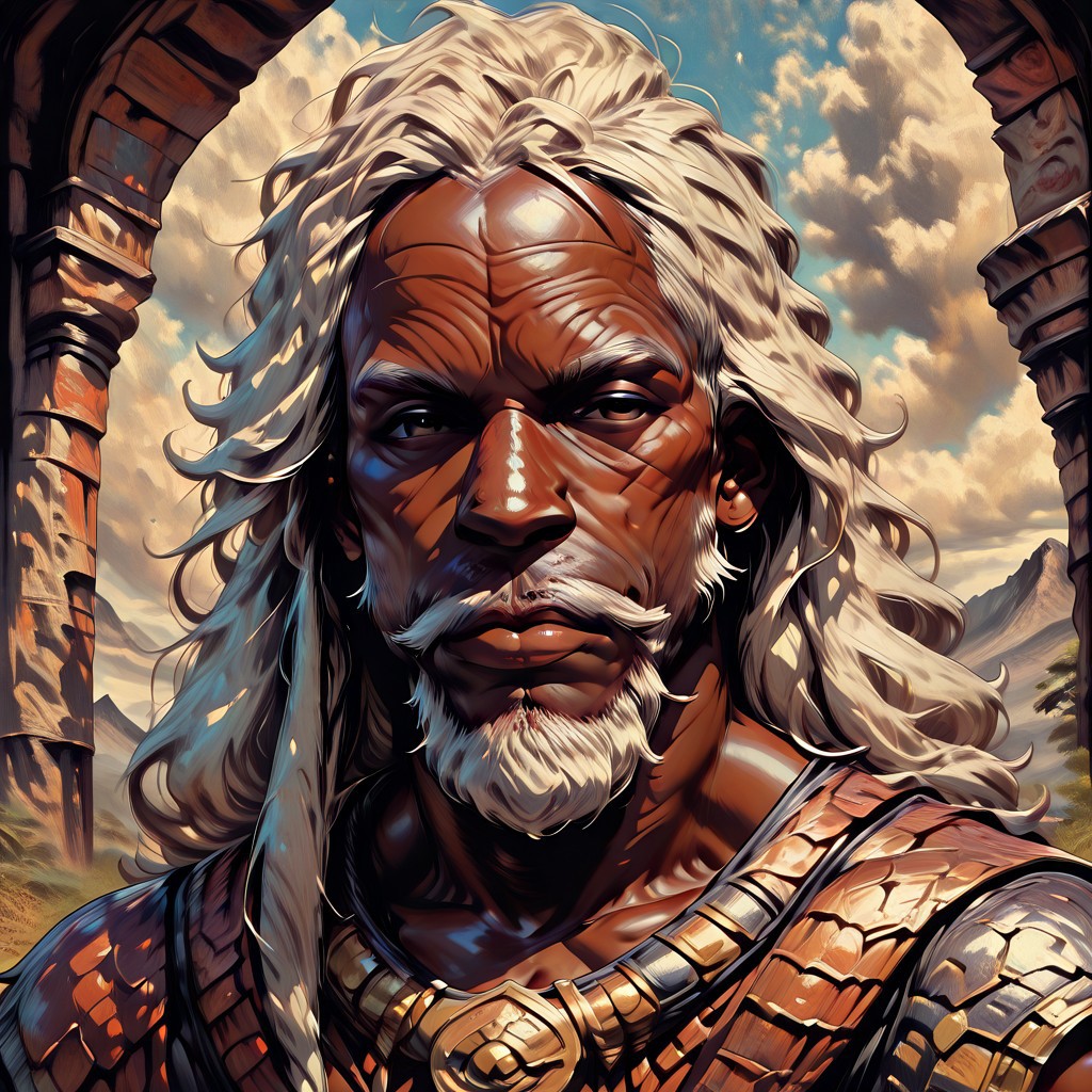 masterpiece, best quality, newest, absurdres, highres, oil painting, detailed face, 1boy, Illustratedafricanfemale, dark-skinned male, african male, african, old man, old, wrinkles, winkly face, dredlocks, white hair