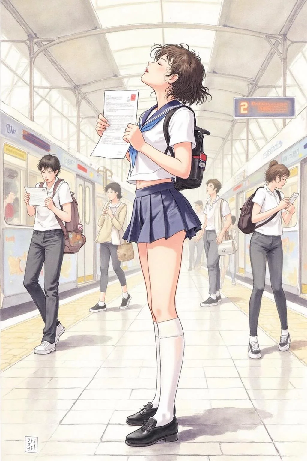 itacomic1 illustration. Profile of a high school student in uniform, white socks and black shoes, standing in the middle of a train station, holding two acceptance letters--one for a local college and the other for an overseas university. The station is bustling with people moving in every direction, while she stands still, eyes closed, taking a deep breath as she tries to decide which future to follow <lora:itacomic_mima_fl_d4a2e8:1.0><lora:800599689717222929:0>