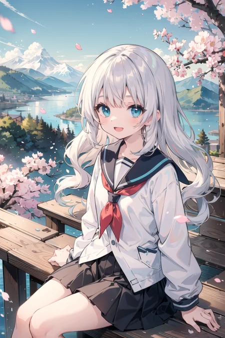 (masterpiece, best quality), 1girl, 13yo, small chest, cute face, young face,
scenery, mountainous horizon, cherry blossoms, petals, light particles, upper body, 1girl, sailor, wavy hair, floating hair, smile, sitting, open mouth, light particles, silver hair, aqua eyes, looking at viewer, face focus <lora:GoodHands-vanilla:0.8>