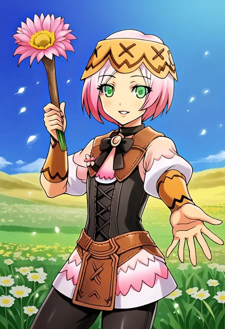 sonia, pink hair, gradient hair, short hair, hat, green eyes, looking at viewer, smile, parted lips, collared shirt, black bowtie, brooch, black corset, puffy sleeves, belt, black pants, outstretched arms, spread arms, flower staff, holding flower staff, solo, side view, flower field setting, blue sky