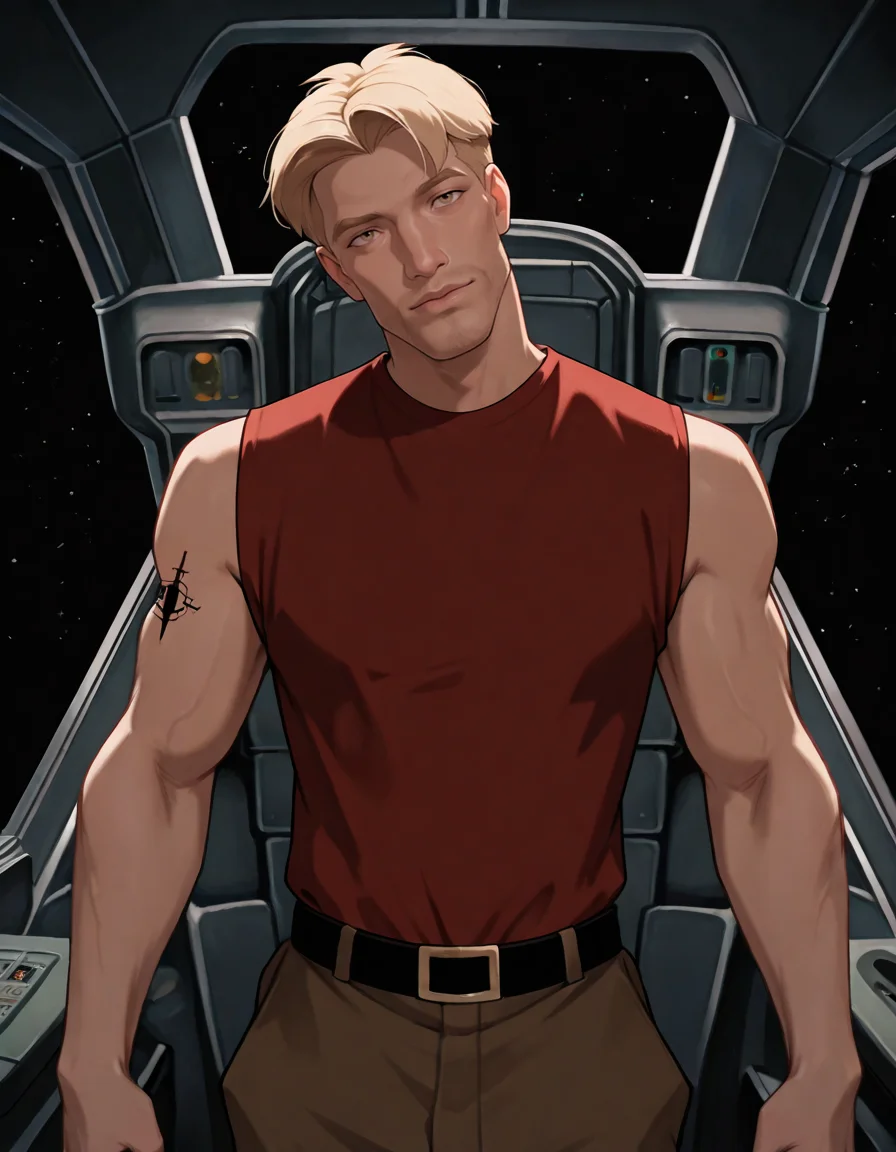 masterpiece, best quality, newest, perfect quality, best quality, detailed background, male focus, cartoon, <lora:Titan AE - Cale Tucker - Illustrious-000007:0.7>, titan_cale, 1boy, mature male, blonde hair, very short hair, hazel eyes, arm tattoo, red sleeveless shirt, spacecraft interior, cockpit, space, standing, head tilt, looking at viewer, portrait