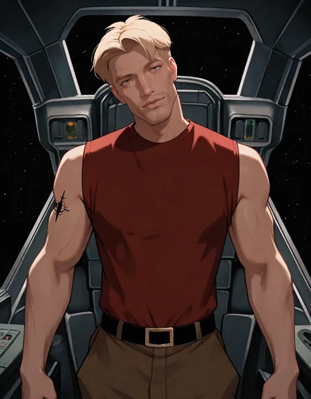 masterpiece, best quality, newest, perfect quality, best quality, detailed background, male focus, cartoon, <lora:Titan AE - Cale Tucker - Illustrious-000007:0.7>, titan_cale, 1boy, mature male, blonde hair, very short hair, hazel eyes, arm tattoo, red sleeveless shirt, spacecraft interior, cockpit, space, standing, head tilt, looking at viewer, portrait