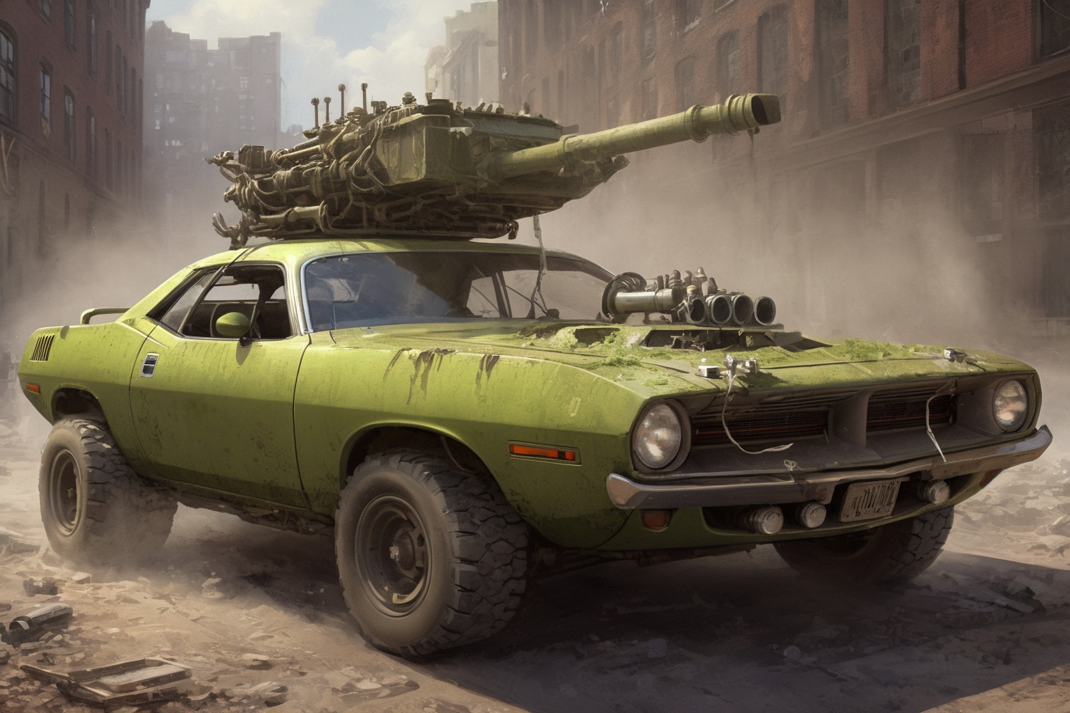((lime 1970PlymouthBarracuda),
vault SZ_4poXL enviroment,
in manypipesai city
BREAK
teslapunkai battle mech, tank,
missiles, oversized bumper, bulldozer pushframe, bulldozer blade
BREAK
3d render, cgi, symetrical, octane render, 35mm, bokeh, 9:16, (intricate details:1.12), hdr, (intricate details, hyperdetailed:1.15), (natural skin texture, hyperrealism, soft light, sharp:1.2)
<lora:Post ApocalypticXL_v2:0.6> <lora:add-detail-xl:1> <lora:1970PlymouthBarracuda_SDXL_v01:1> <lora:TechPunkAI:0.6>