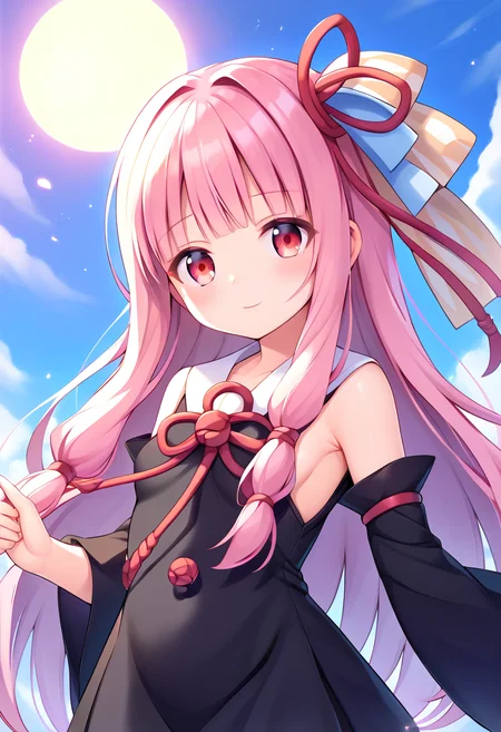 score_9, score_8_up, score_7_up, score_6_up, score_5_up, score_4_up, source_anime,
BREAK,
 <lora:kotonoha_akane_ponyXL_v1:1> kotonoha akane, long hair, pink hair, ribbon, red eyes, blunt bangs, sidelocks, black dress, detached sleeves, sky,